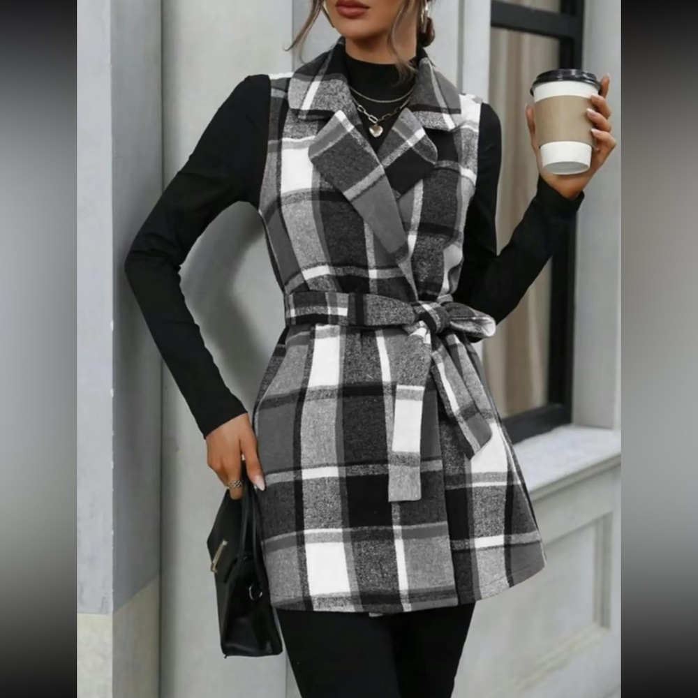 Women's Plaid Print Belted V Neck Waistcoat